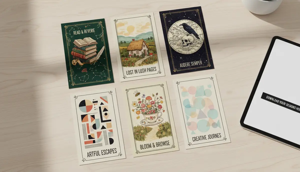 A digital rendering of various printable aesthetic bookmark designs, showcasing different themes like dark academia, cottagecore, and modern art, ready for download., high-quality photography, professional lighting, sharp focus, realistic, detailed