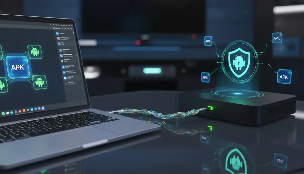 A digital representation of APK files being transferred from a laptop to an Android box, symbolizing the side-loading process with a secure connection., high-quality photography, professional lighting, sharp focus, realistic, detailed
