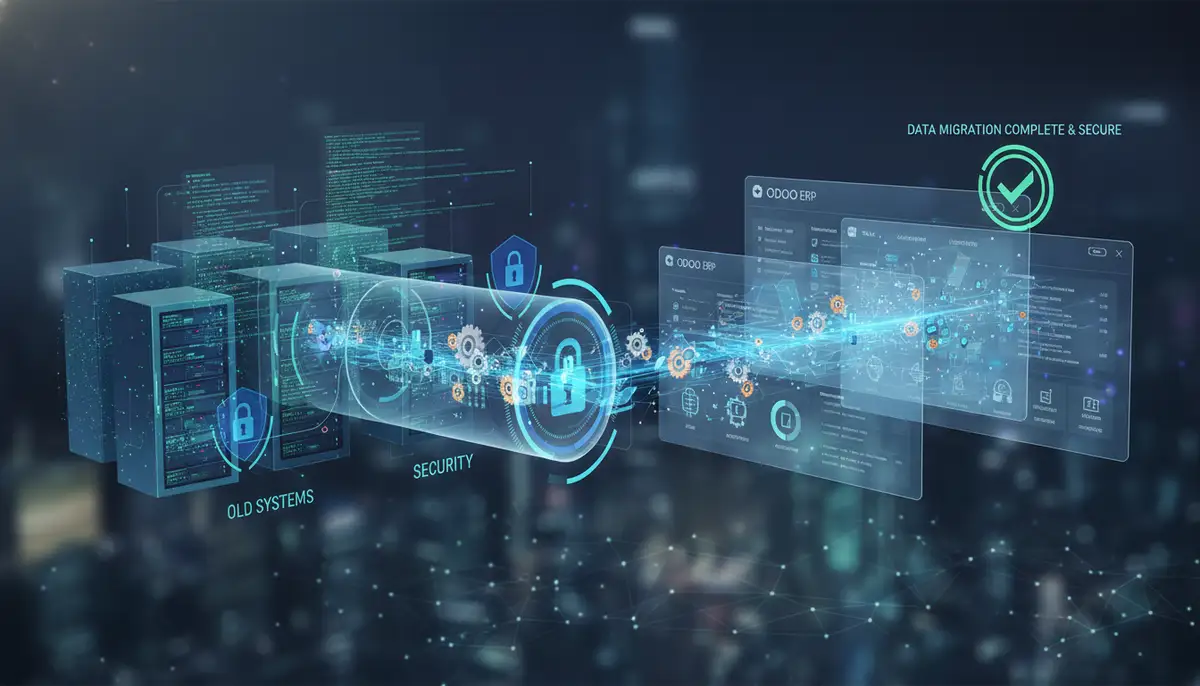 A digital representation of data migration, showing data flowing from old systems into a new, organized Odoo ERP interface, highlighting security and precision.