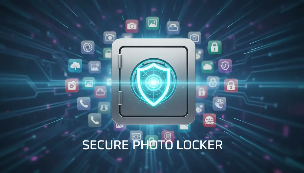 A digital vault icon with a glowing shield, surrounded by various smartphone app icons, representing a secure app photo locker., high-quality photography, professional lighting, sharp focus, realistic, detailed
