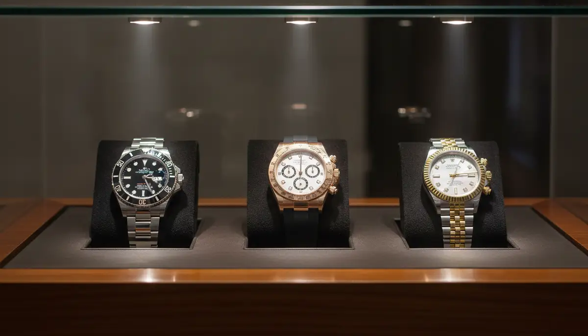 A display case featuring a diverse 3 watch Rolex collection, with spotlights highlighting each timepiece, creating a sense of luxury and curation., high-quality photography, professional lighting, sharp focus, realistic, detailed