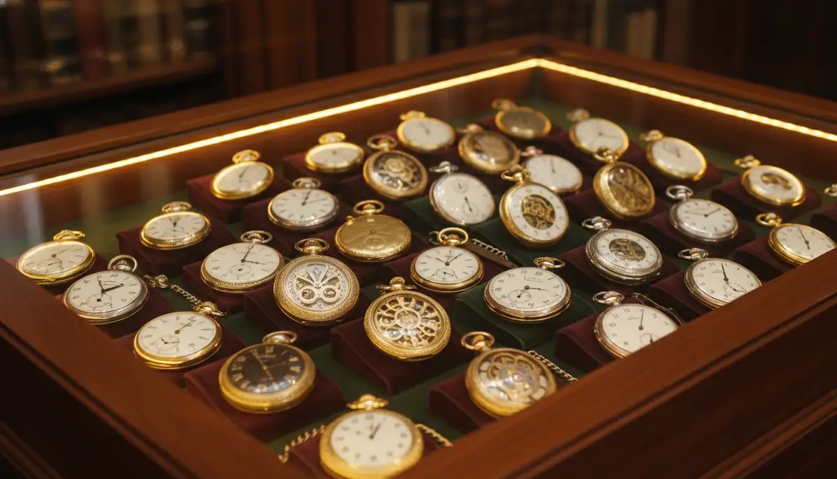A display case showcasing a diverse collection of heritage collection pocket watches, varying in size, material, and design, illuminated by soft, warm light., high-quality photography, professional lighting, sharp focus, realistic, detailed