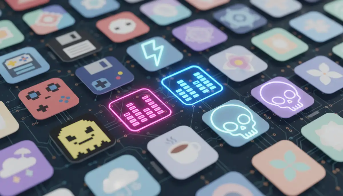 A diverse array of app icons in different styles (neon, retro, pastel) laid out on a digital background, representing the vast options available for app icon themes., high-quality photography, professional lighting, sharp focus, realistic, detailed