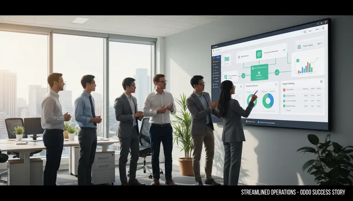 A diverse business team collaborating around a large screen displaying Odoo ERP dashboards, symbolizing successful implementation and streamlined operations.