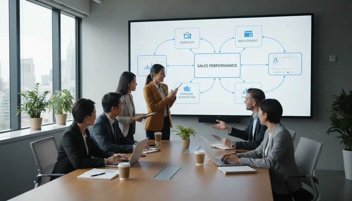 A diverse business team collaborating seamlessly around a large screen displaying an integrated Odoo dashboard, highlighting various modules working together. Professional, modern office setting.