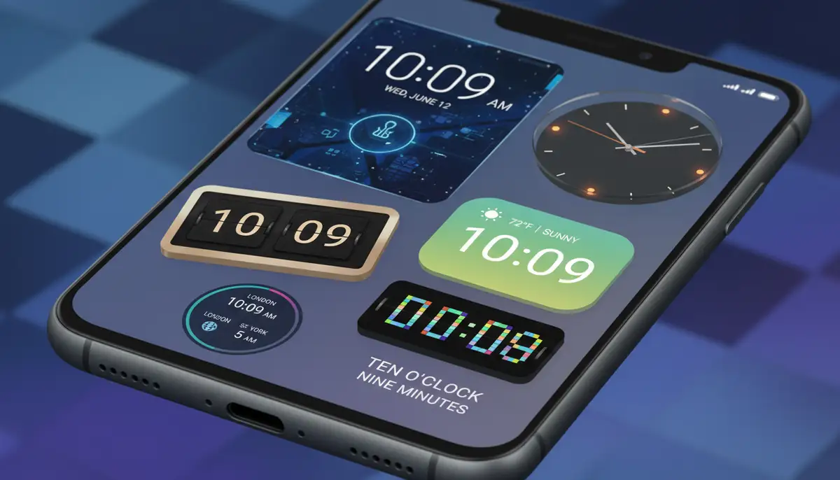 A diverse collection of Android clock widgets displayed on a modern smartphone home screen, showcasing various styles and functionalities., high-quality photography, professional lighting, sharp focus, realistic, detailed