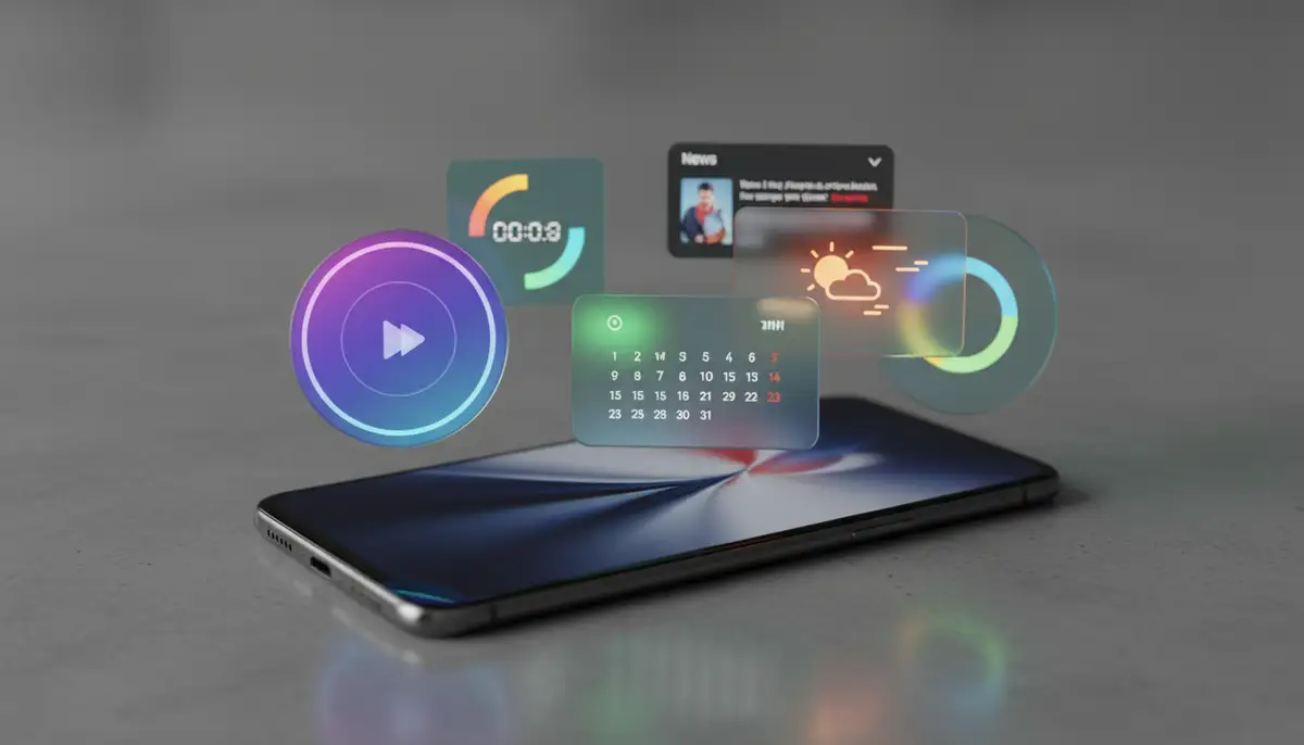 A diverse collection of beautifully designed custom Android widgets, showcasing various styles, colors, and functionalities, floating above a modern smartphone., high-quality photography, professional lighting, sharp focus, realistic, detailed