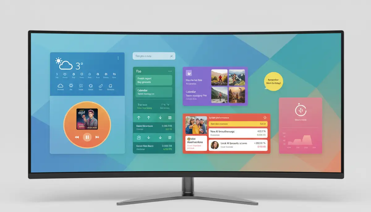 A diverse collection of colorful and functional Windows widgets on a desktop, demonstrating personalization options and different app types., high-quality photography, professional lighting, sharp focus, realistic, detailed