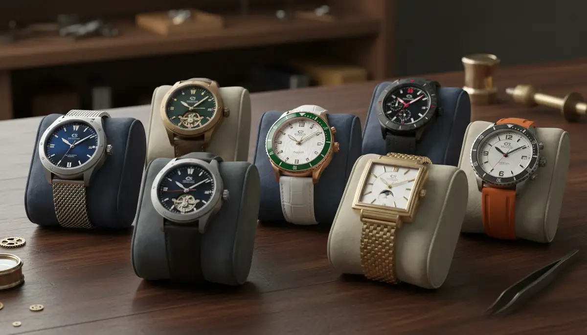 A diverse collection of CS Collection automatic watches displayed elegantly on a wooden table, reflecting different styles and materials., high-quality photography, professional lighting, sharp focus, realistic, detailed