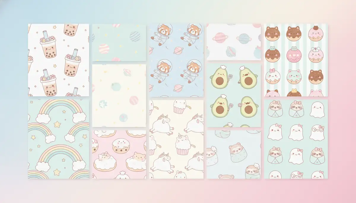A diverse collection of cute and kawaii wallpaper designs laid out on a clean, pastel background, showcasing various styles from whimsical animals to charming food items., high-quality photography, professional lighting, sharp focus, realistic, detailed
