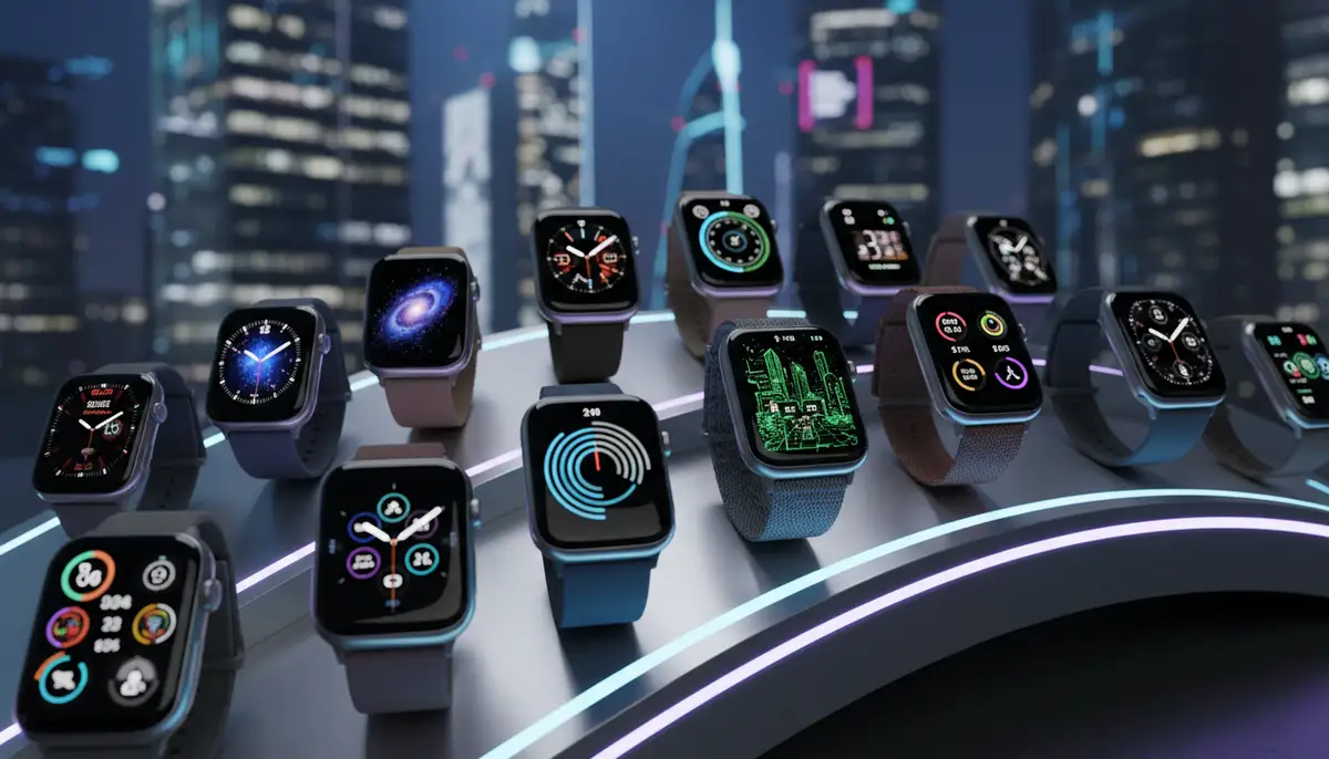 A diverse collection of digital watch faces displayed on various smartwatches (Apple Watch, Wear OS) in a sleek, futuristic setting., high-quality photography, professional lighting, sharp focus, realistic, detailed