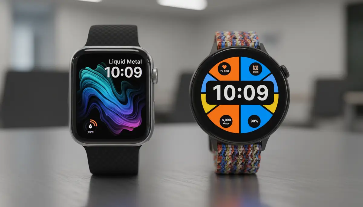 A diverse collection of modern digital watch faces displayed on an Apple Watch and a Wear OS device, showcasing vibrant designs and customization options., high-quality photography, professional lighting, sharp focus, realistic, detailed