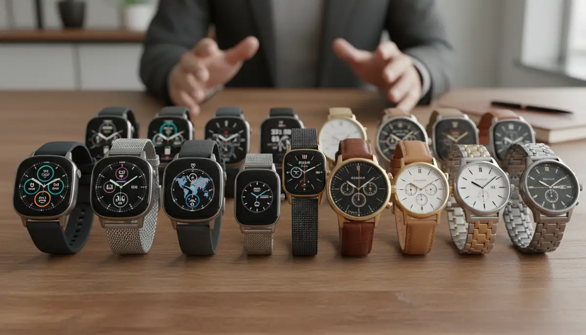 A diverse collection of smartwatches and analog watches laid out on a table, showcasing different styles and functionalities, ready for a decision., high-quality photography, professional lighting, sharp focus, realistic, detailed