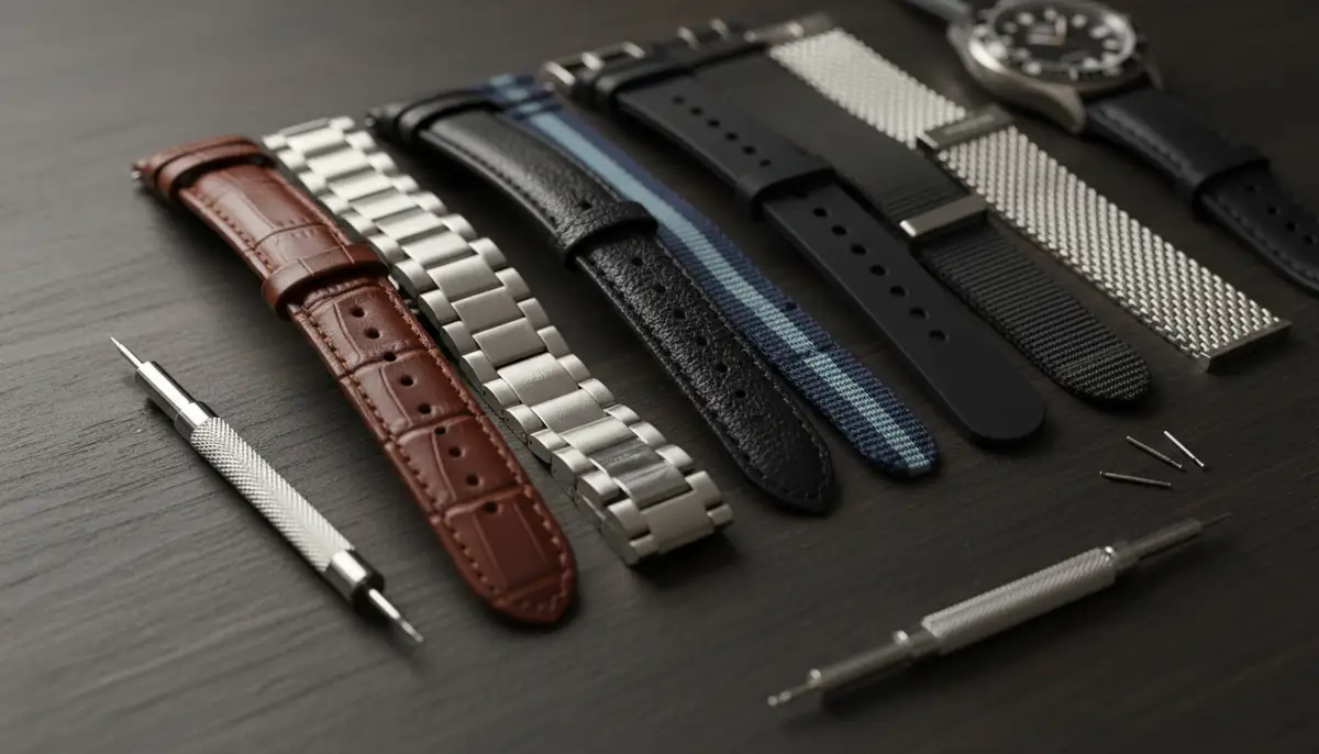 A diverse collection of watch straps and bracelets (leather, metal, silicone, NATO) laid out, with tools for adjustment like a spring bar tool and link remover., high-quality photography, professional lighting, sharp focus, realistic, detailed