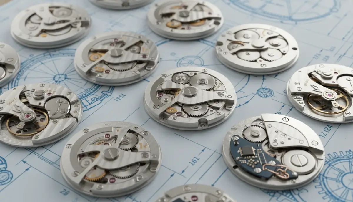 A diverse display of various Swiss watch movements, including automatic, manual-wind, and quartz, with gears and springs visible, against a technical blueprint background., high-quality photography, professional lighting, sharp focus, realistic, detailed