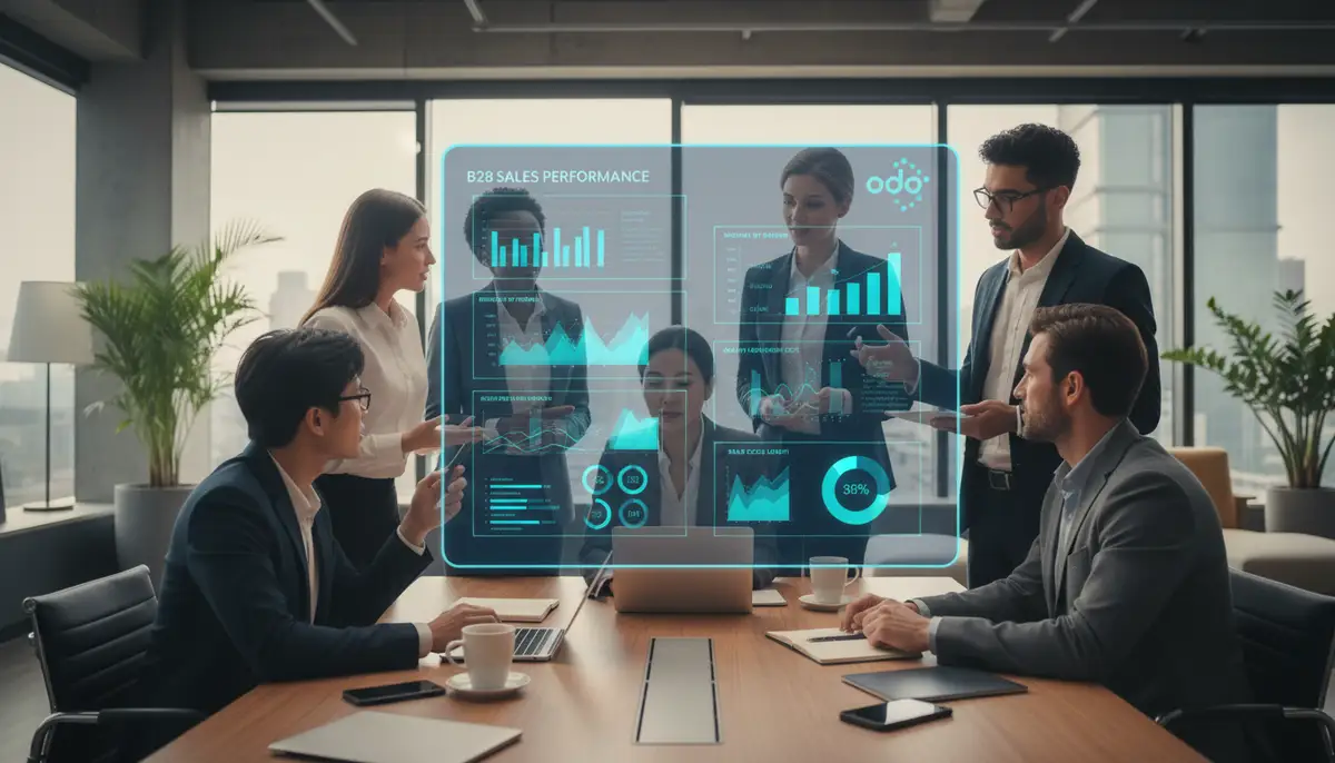 A diverse group of business professionals collaborating around a digital dashboard showing B2B sales analytics, with a subtle Odoo logo integration.