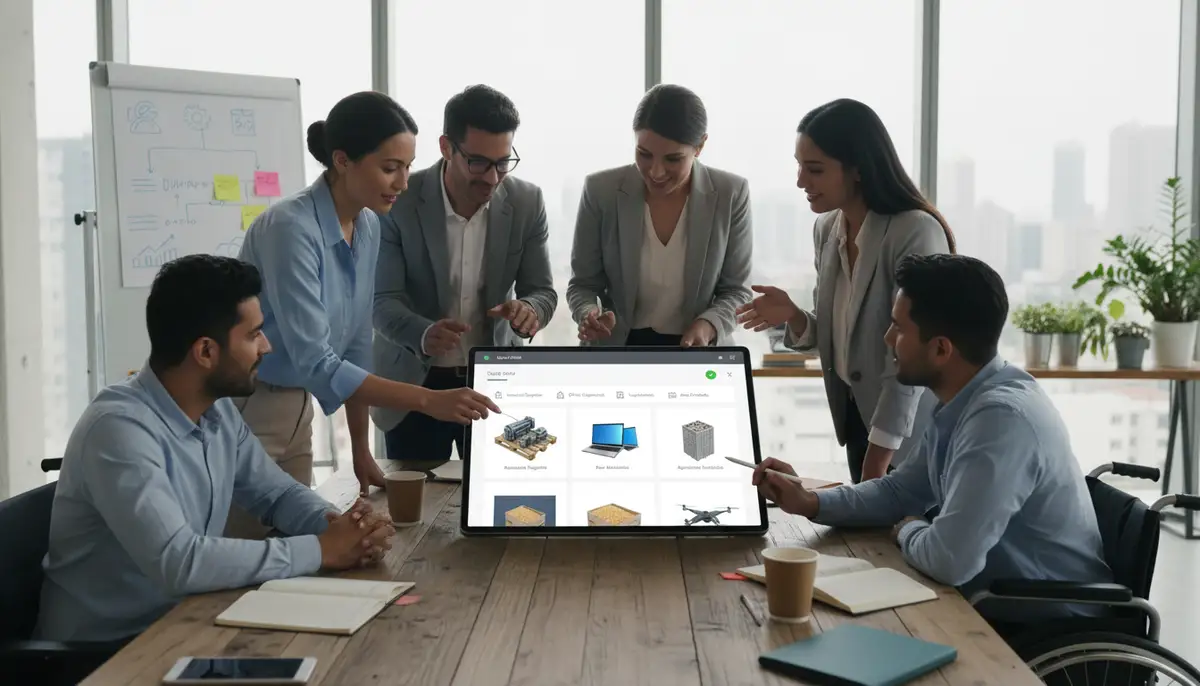 A diverse group of business professionals collaborating around a tablet, showcasing a user-friendly B2B ecommerce interface, with various product categories.