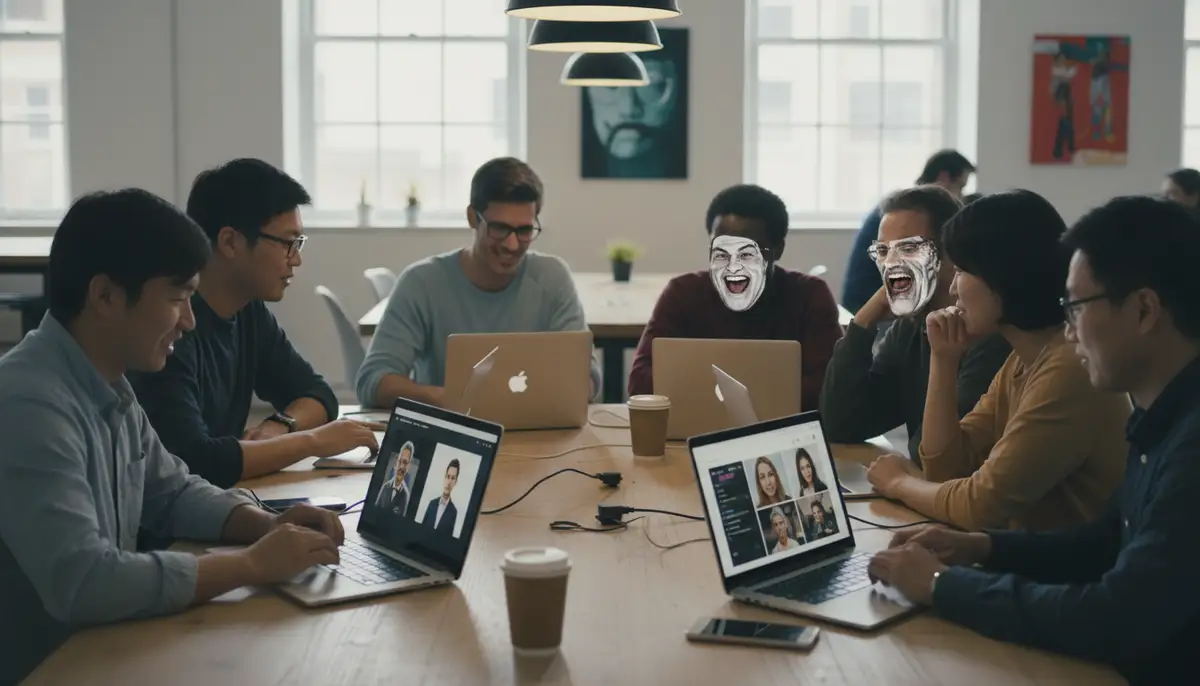 A diverse group of content creators using an AI face swap tool on their laptops, showcasing various creative projects like memes, short films, and marketing campaigns., high-quality photography, professional lighting, sharp focus, realistic, detailed