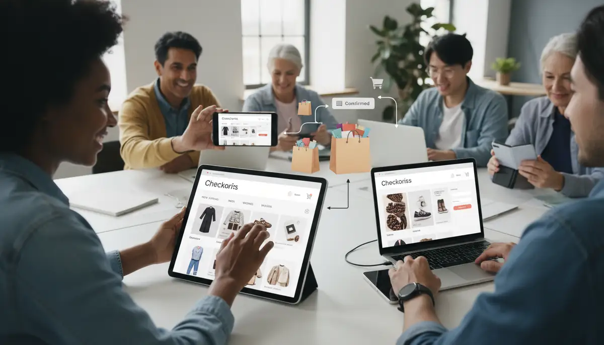 A diverse group of customers easily navigating a well-designed, mobile-responsive ecommerce storefront on various devices, making purchases.