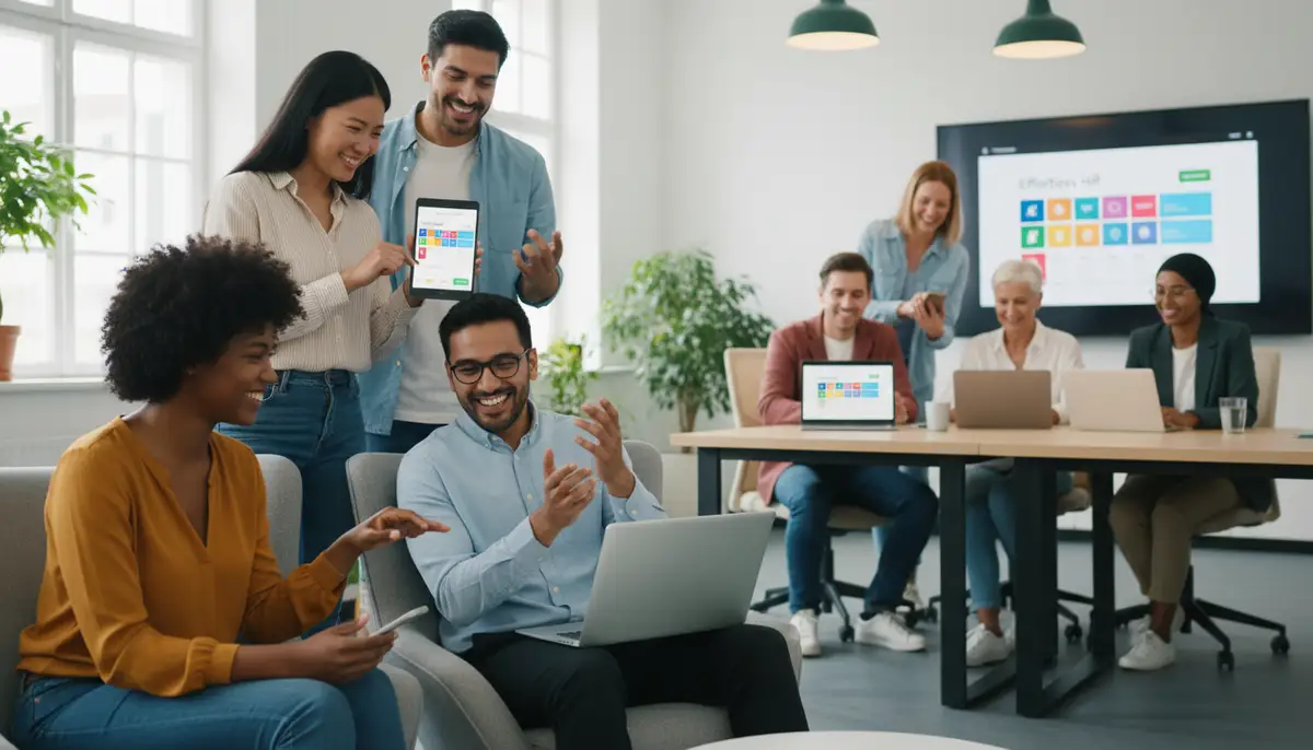 A diverse group of employees happily interacting with a user-friendly HR portal on their laptops and mobile devices, representing effective HRMS adoption.