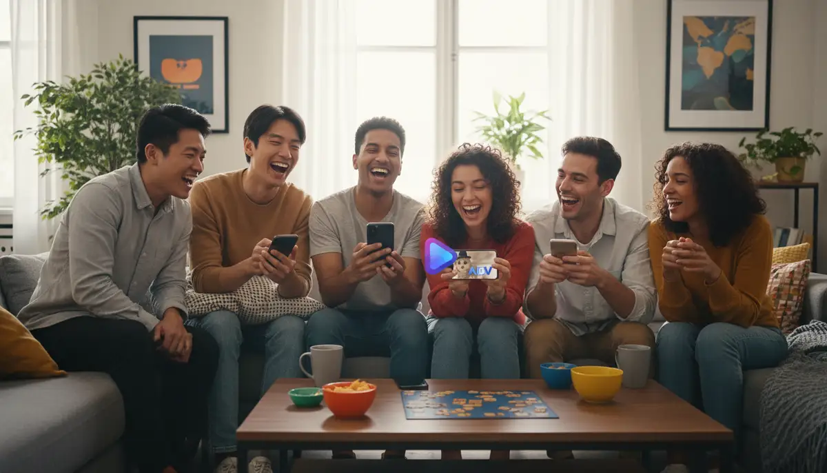 A diverse group of friends laughing and sharing funny content on their phones, with the ABPV app logo subtly visible on one screen, vibrant and modern style., high-quality photography, professional lighting, sharp focus, realistic, detailed