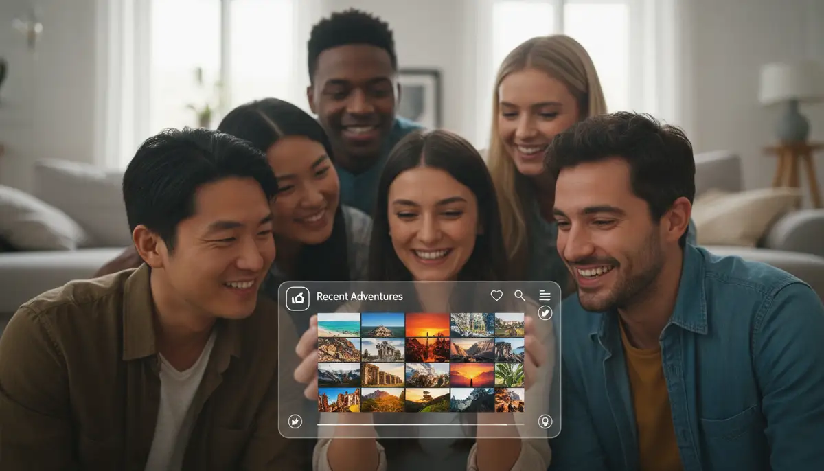 A diverse group of friends smiling and looking at a smartphone screen, sharing photos from a recent trip, with vibrant colors and a modern interface visible., high-quality photography, professional lighting, sharp focus, realistic, detailed