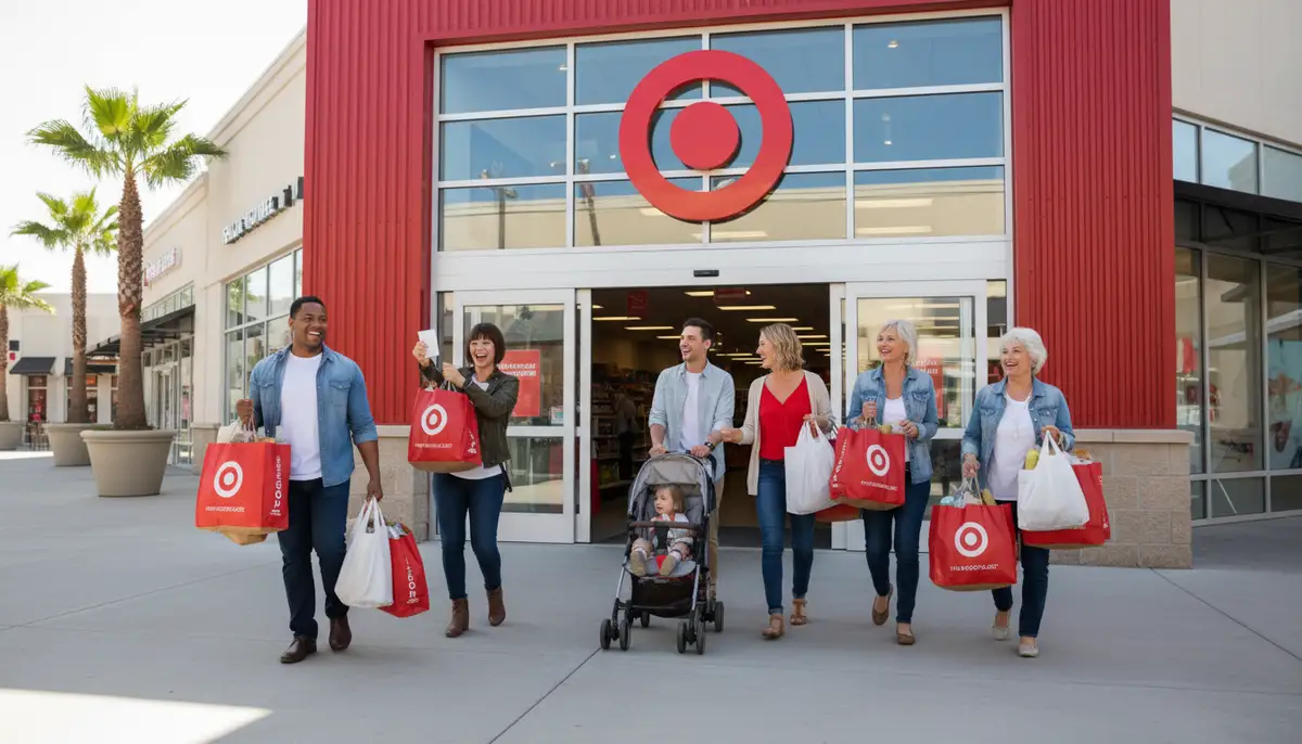 A diverse group of happy shoppers exiting a Target store with full bags, smiling, implying successful savings, set in a bright, modern shopping center., high-quality photography, professional lighting, sharp focus, realistic, detailed