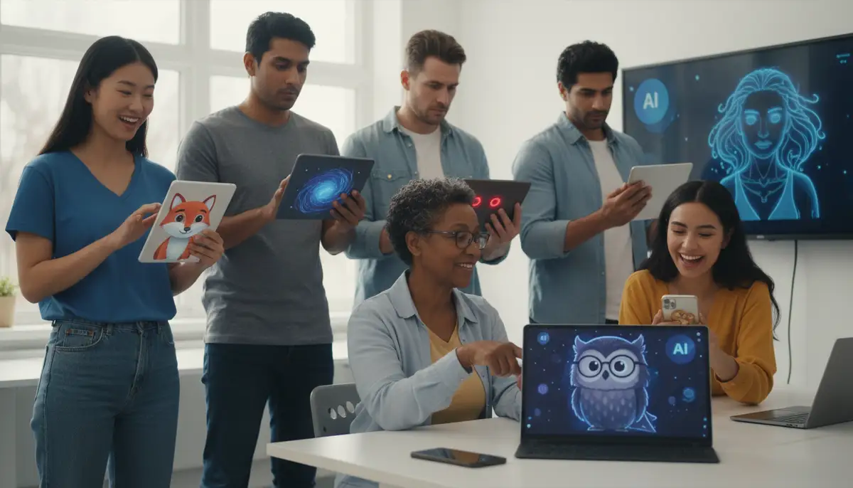A diverse group of individuals, each interacting with their personalized AI companion on different devices (tablet, smartphone, smart display), showcasing unique AI avatars and diverse user expressions., high-quality photography, professional lighting, sharp focus, realistic, detailed