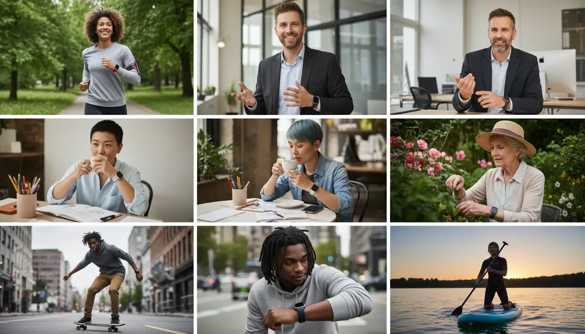 A diverse group of individuals wearing different Apple Watch models in various daily scenarios, emphasizing versatility and personal style., high-quality photography, professional lighting, sharp focus, realistic, detailed