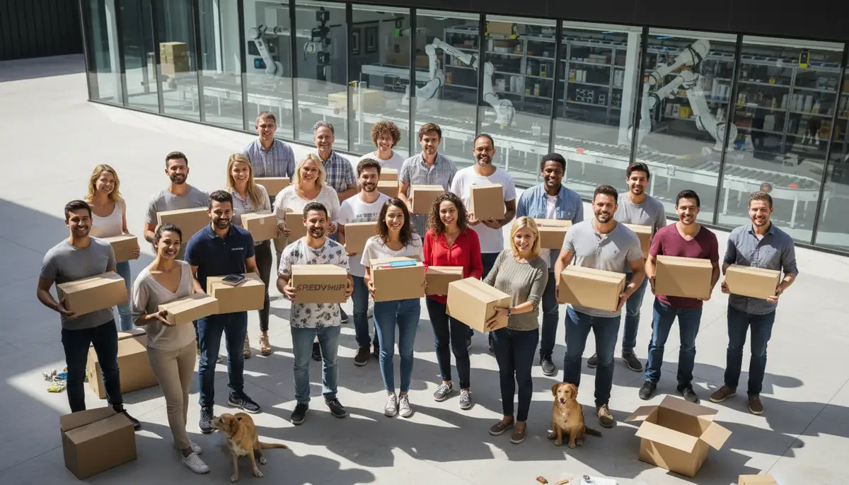A diverse group of online shoppers receiving packages, illustrating efficient order fulfillment and customer satisfaction.