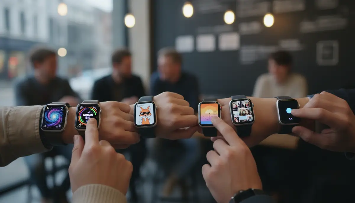 A diverse group of people customizing their Apple Watch faces on their devices, showcasing a variety of vibrant and unique designs, creative and personalized., high-quality photography, professional lighting, sharp focus, realistic, detailed