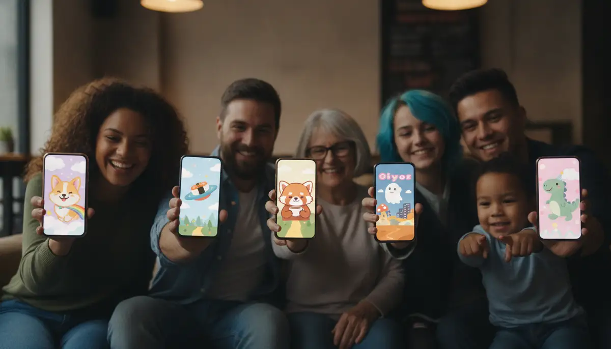 A diverse group of people, each looking at their mobile devices, smiling at their unique and cute wallpapers, reflecting a sense of joy and personalization., high-quality photography, professional lighting, sharp focus, realistic, detailed