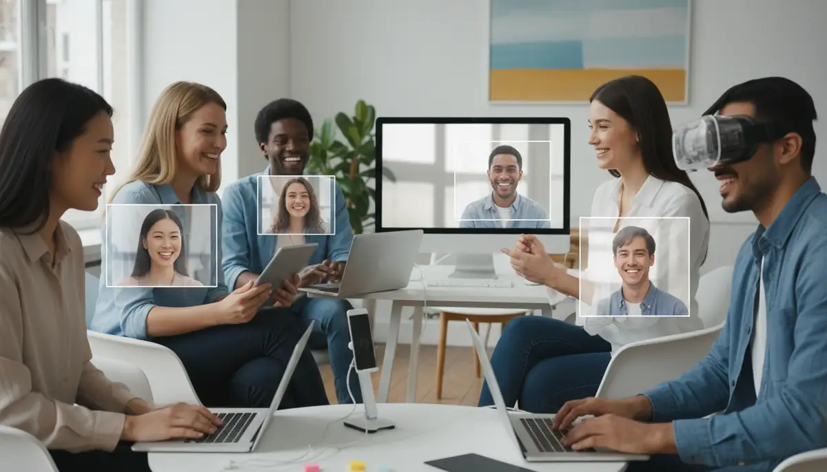 A diverse group of people engaging in high-quality 1v1 video calls on various devices, showing clear, happy faces and seamless connections, set against a modern, clean background., high-quality photography, professional lighting, sharp focus, realistic, detailed