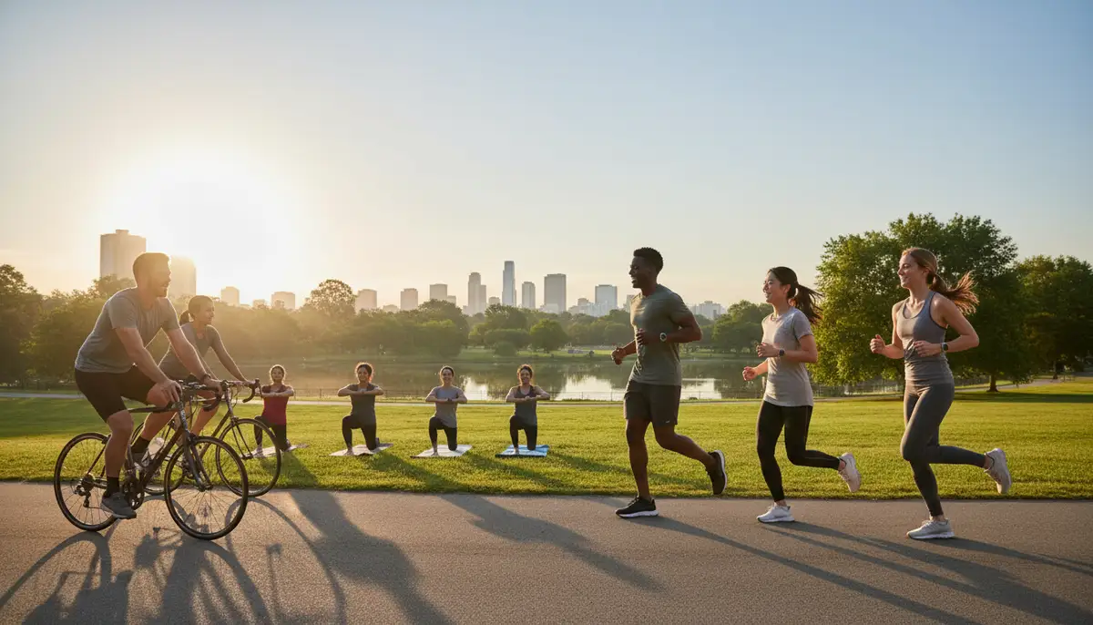 A diverse group of people engaging in various fitness activities like running, cycling, and yoga, all wearing different Apple Watch models, emphasizing the versatility and community aspect., high-quality photography, professional lighting, sharp focus, realistic, detailed