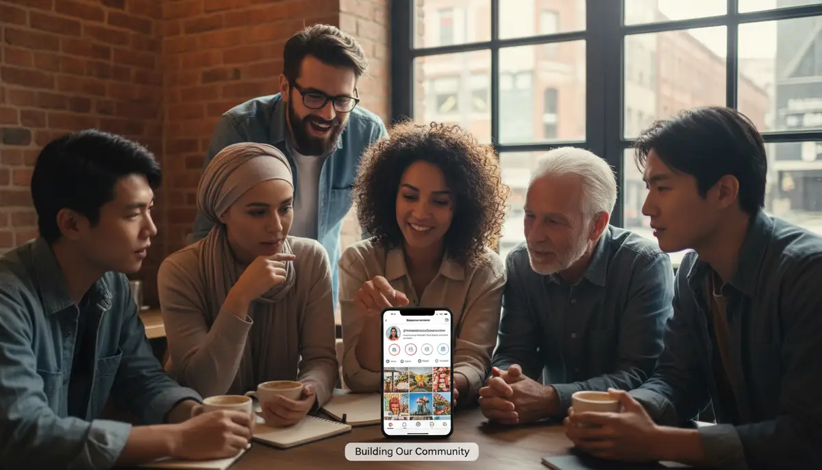 A diverse group of people engaging with a smartphone showing an Instagram profile, representing community building and audience interaction for a personal blog., high-quality photography, professional lighting, sharp focus, realistic, detailed