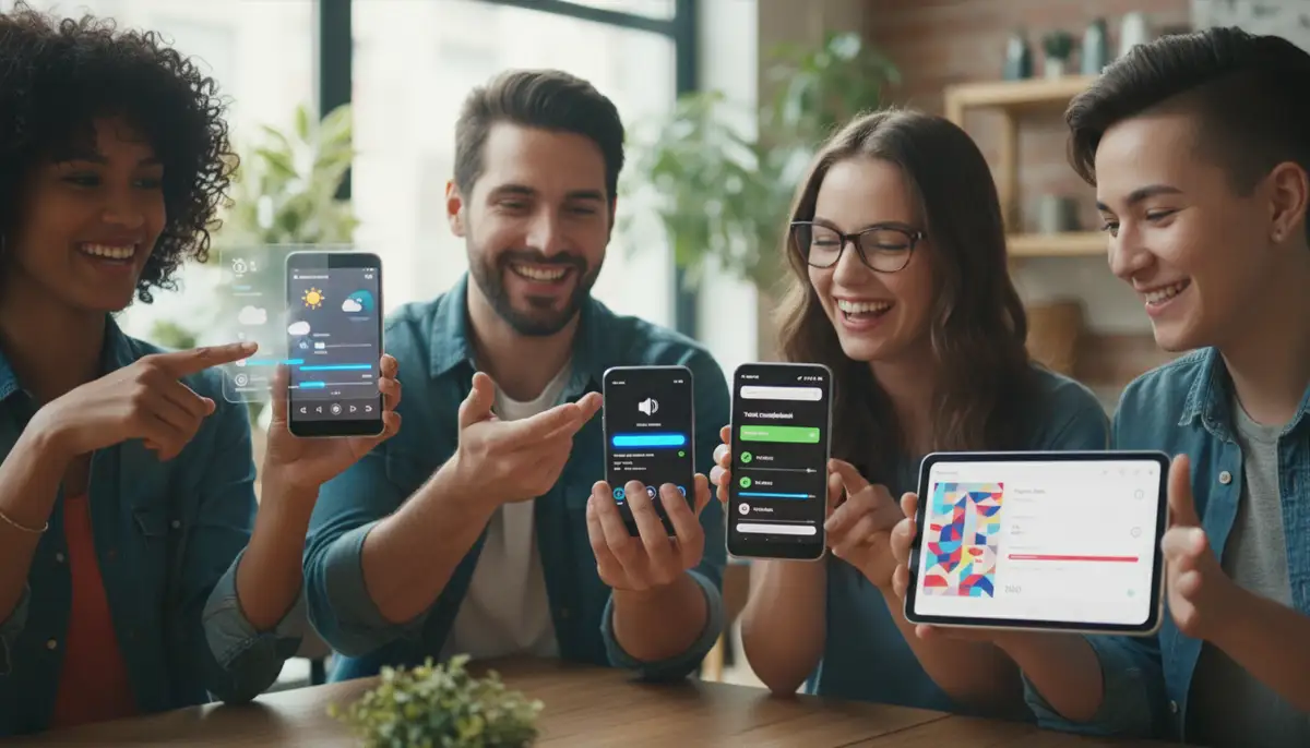 A diverse group of people happily interacting with their Android phones, showcasing personalized home screens with various widgets, including a prominent, user-friendly slider widget., high-quality photography, professional lighting, sharp focus, realistic, detailed