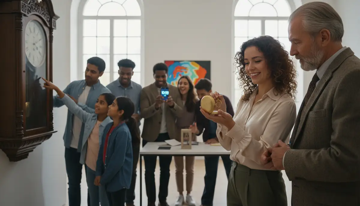 A diverse group of people interacting with various time-telling devices: an antique pocket watch, a classic wall clock, and a modern smartphone displaying time., high-quality photography, professional lighting, sharp focus, realistic, detailed