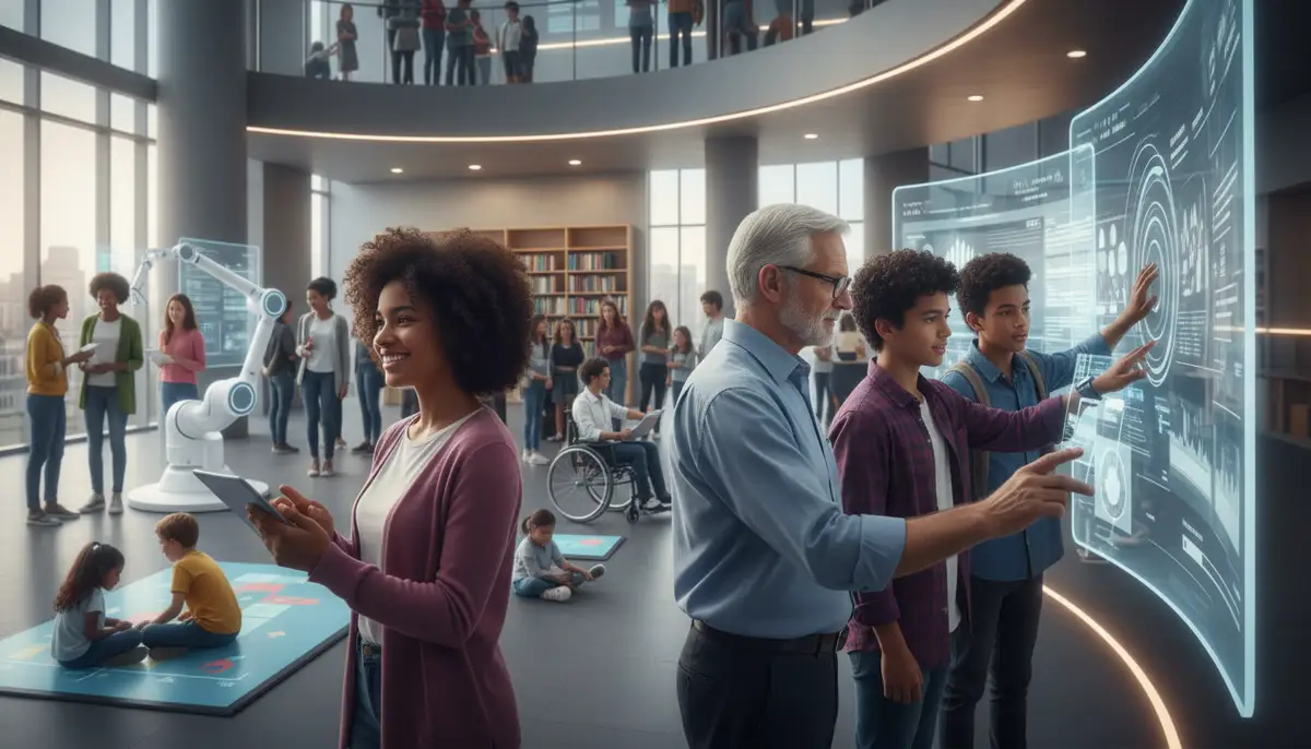 A diverse group of people seamlessly interacting with various digital interfaces, representing universal access and modern technology., high-quality photography, professional lighting, sharp focus, realistic, detailed