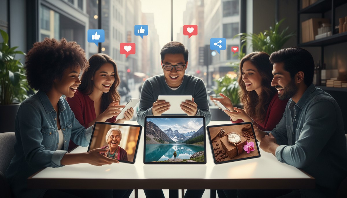 A diverse group of people sharing beautifully enhanced photos on social media, showcasing portraits, landscapes, and product shots, all looking professional and crisp.