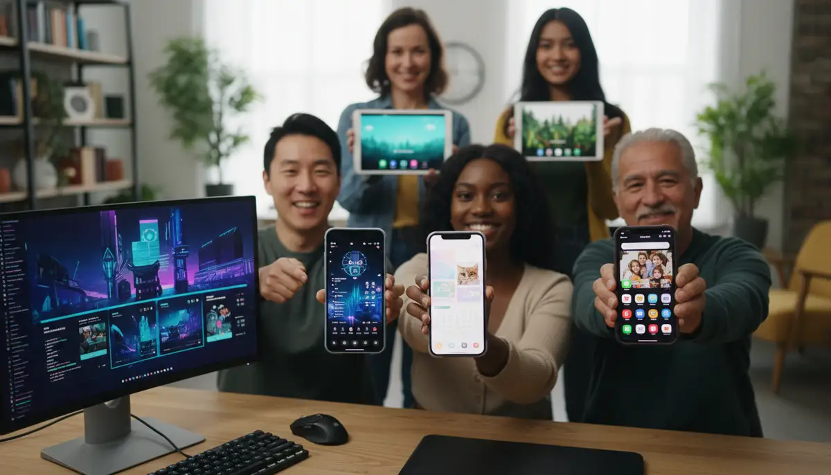 A diverse group of people showing off their personalized home screens on various devices (phone, tablet, desktop), highlighting creativity and individuality., high-quality photography, professional lighting, sharp focus, realistic, detailed