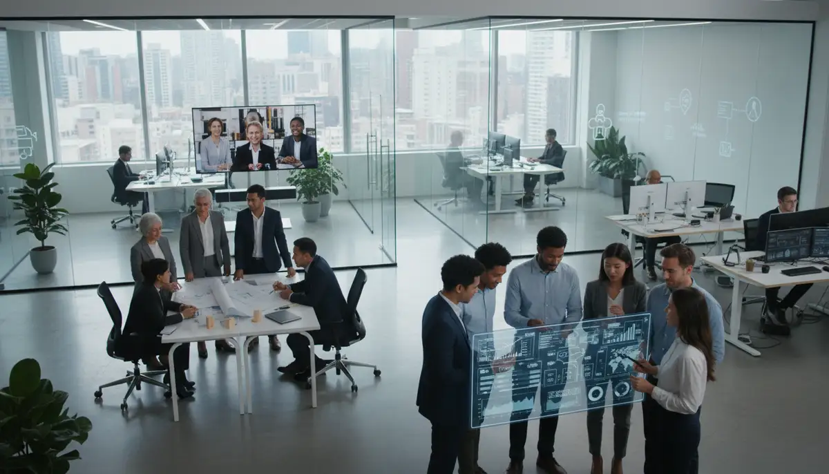 A diverse group of professionals in a modern office, collaborating on various tasks, representing the broad scope of operations management.