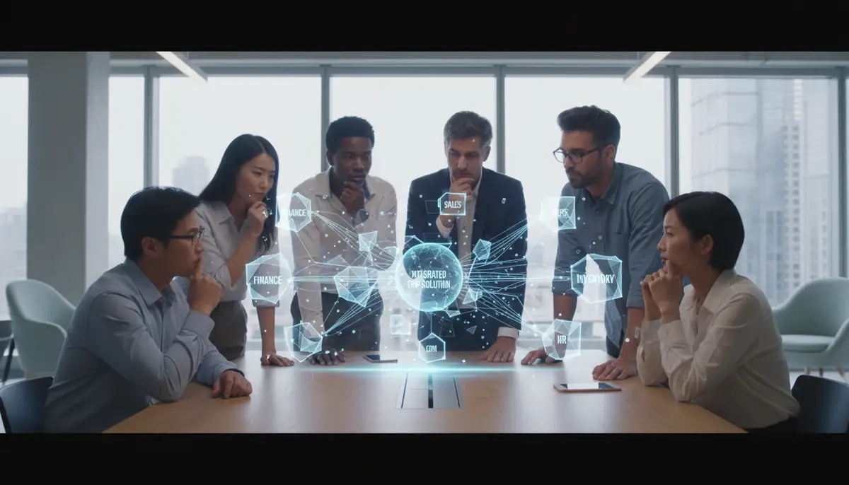 A diverse group of small and medium-sized business owners looking thoughtfully at a holographic interface displaying various ERP modules like finance, sales, and inventory, symbolizing an integrated solution.