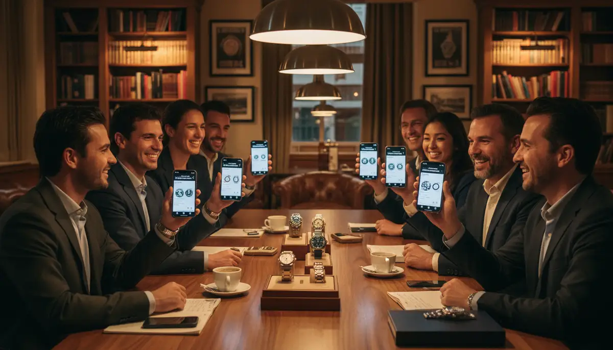 A diverse group of watch collectors engaging in a lively discussion, holding their smartphones showing their Chrono24 Watch Collection profiles., high-quality photography, professional lighting, sharp focus, realistic, detailed