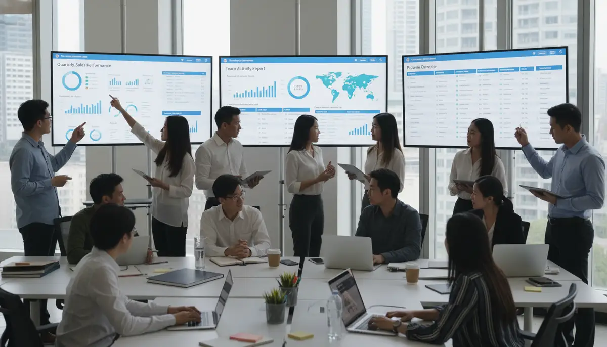 A diverse sales team collaborating effectively using modern sales management software on large screens, showing dashboards and reports.