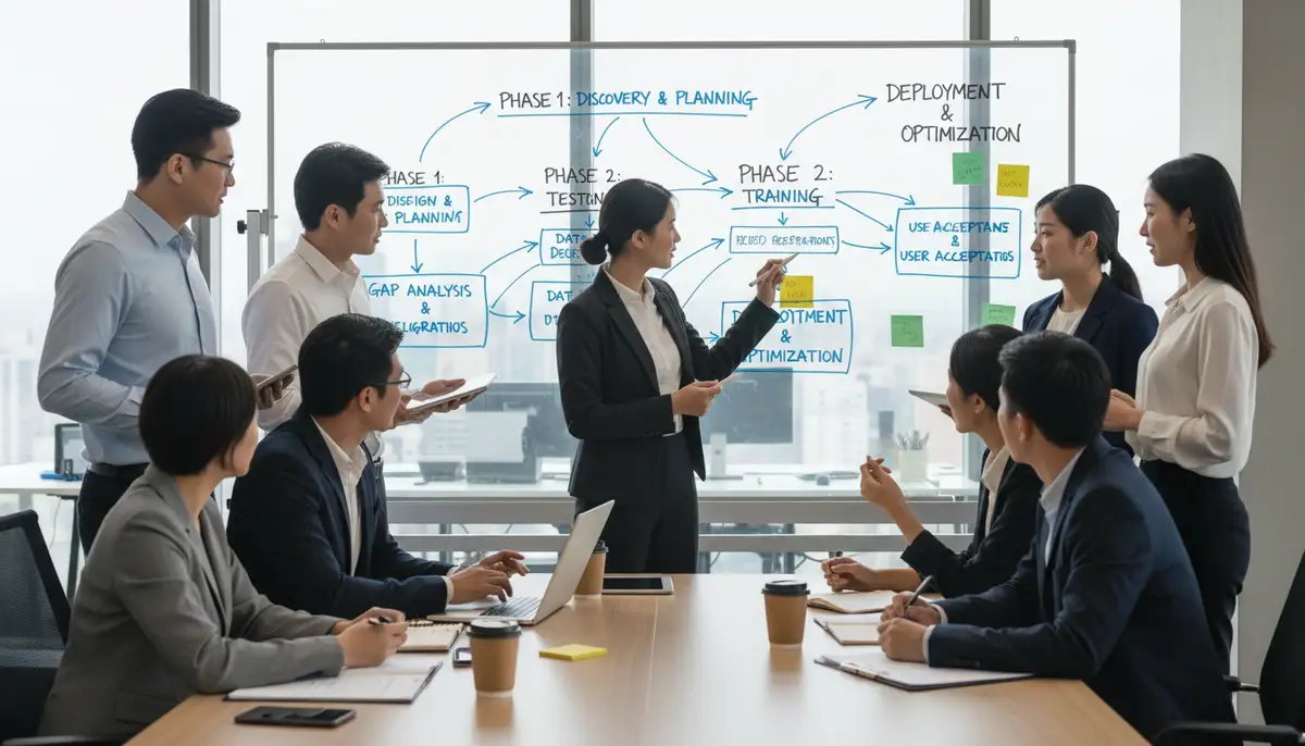 A diverse team collaborating around a whiteboard, mapping out ERP implementation phases, with a consultant guiding them.