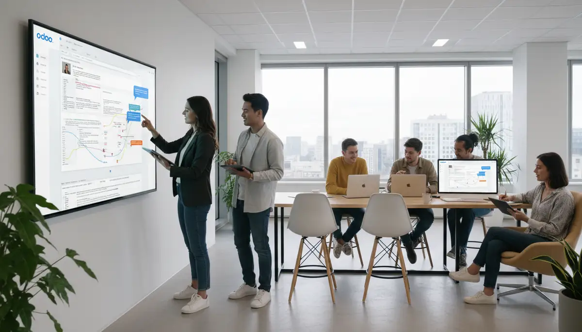 A diverse team collaborating efficiently on shared digital documents within a modern office environment, using tablets and laptops, reflecting Odoo's collaborative features.