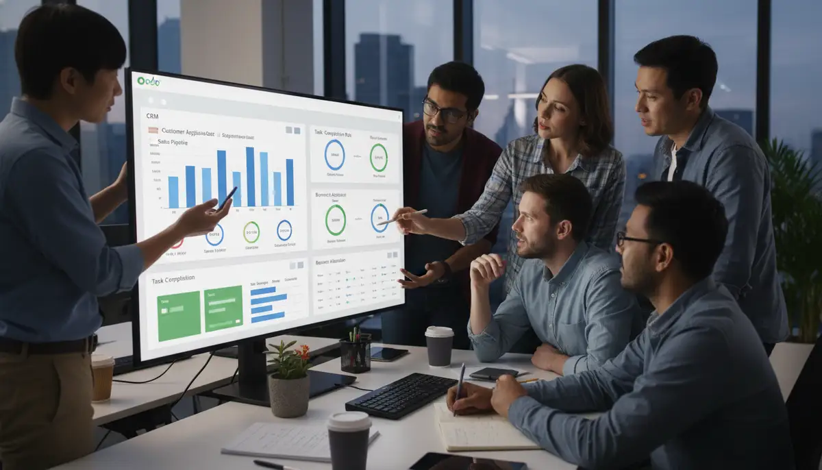 A diverse team collaborating on a digital project dashboard, showing CRM and project management metrics, with Odoo interface elements subtly visible.