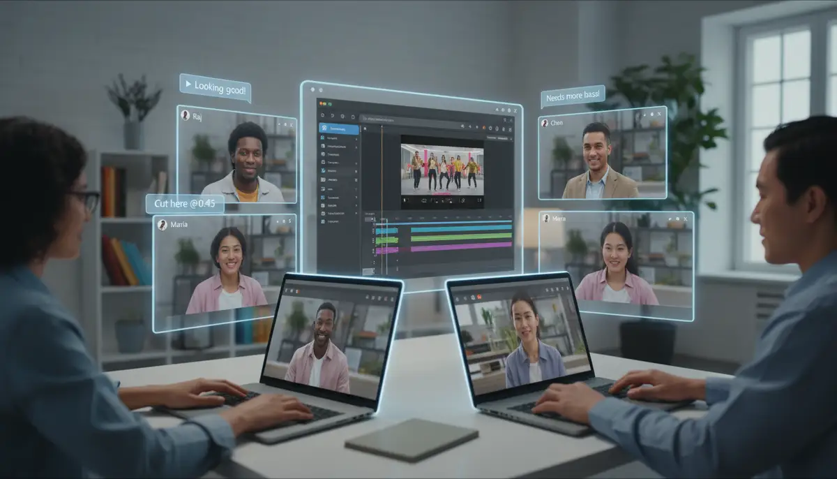 A diverse team collaborating on a video project remotely, with their faces displayed on screens and a shared 365 video app interface showing real-time edits and comments., high-quality photography, professional lighting, sharp focus, realistic, detailed