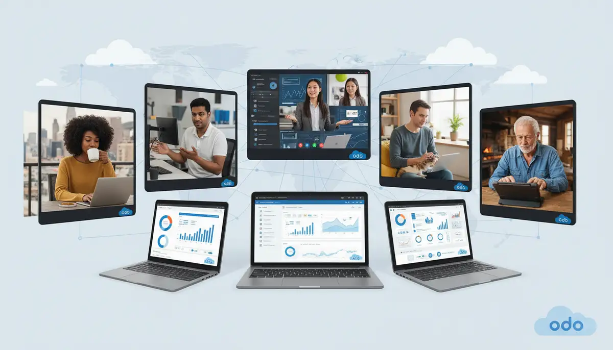 A diverse team collaborating seamlessly from different locations on laptops and tablets, powered by a cloud ERP system, with a subtle Odoo logo visible.