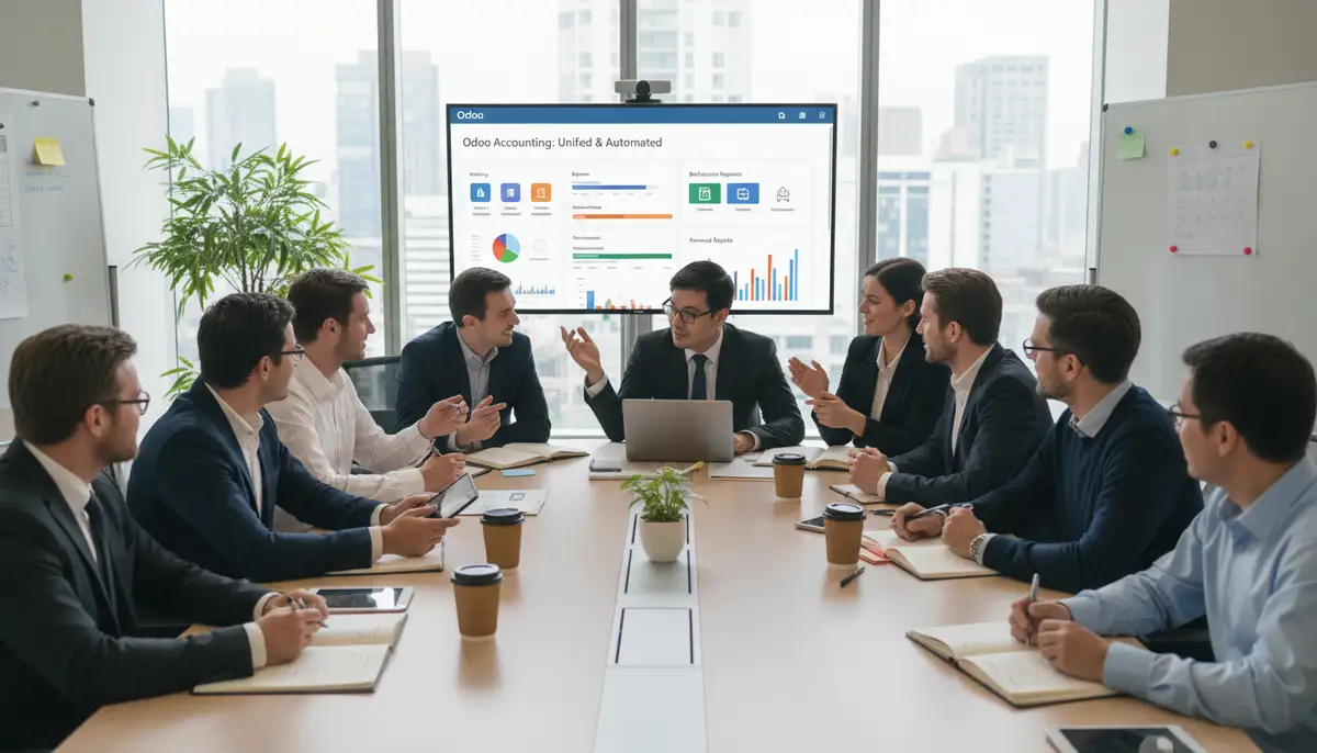 A diverse team of accountants and finance professionals collaborating around a table, discussing Odoo's accounting features on a large screen, emphasizing teamwork and integration.